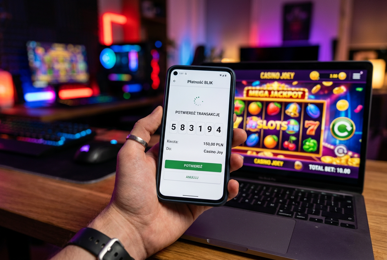Osoba korzystająca z aplikacji bankowej BLIK do zasilenia konta w kasynie online na smartfonie