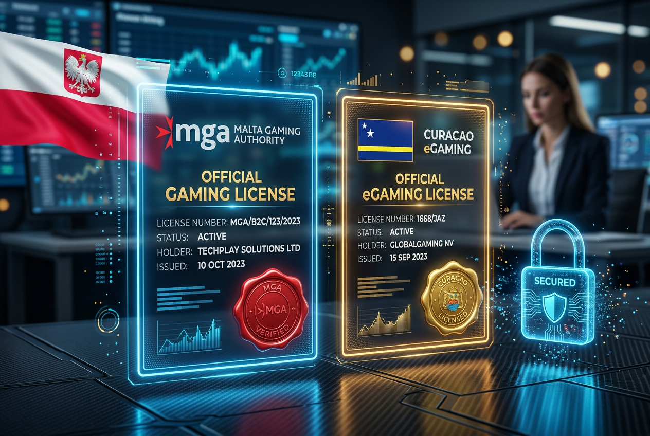 Cyfrowe certyfikaty licencji hazardowych MGA i Curacao z polską flagą i kłódką