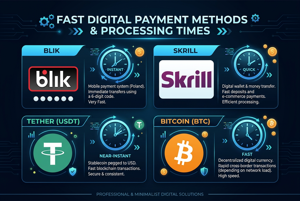 Infografika metod płatności w kasynach online z ikonami BLIK, Skrill i kryptowalut