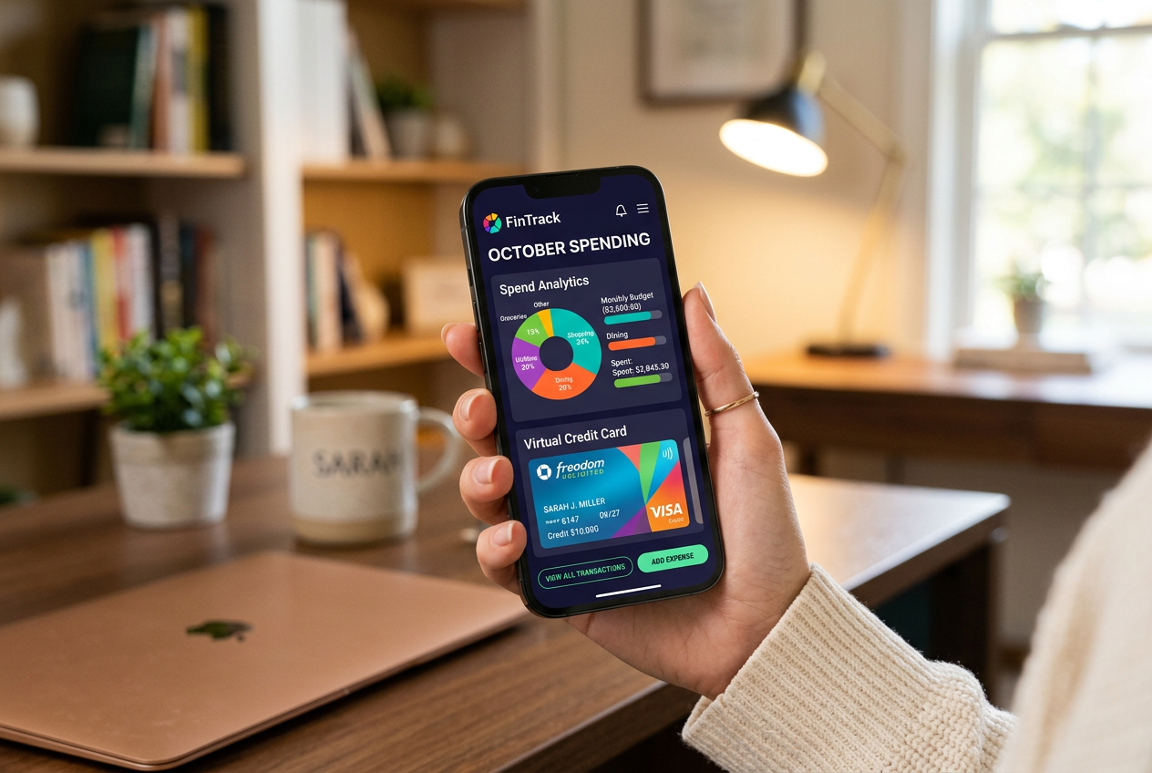 Aplikacja finansowa Revolut z kontrolą budżetu i wykresami wydatków na smartfonie